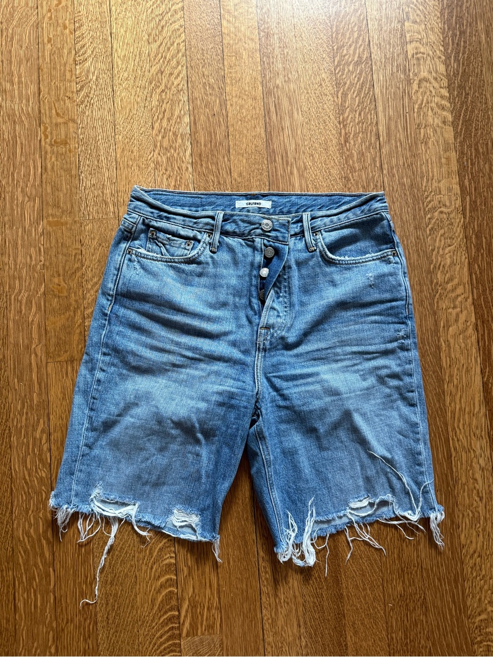 GRLFRND Light Blue Distressed Denim Shorts